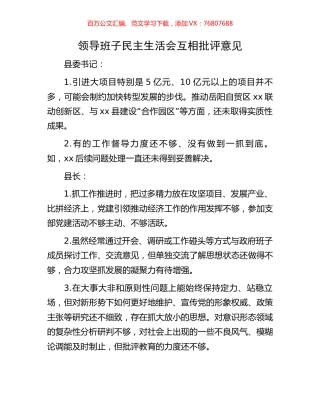 领导班子民主生活会互相批评意见.docx
