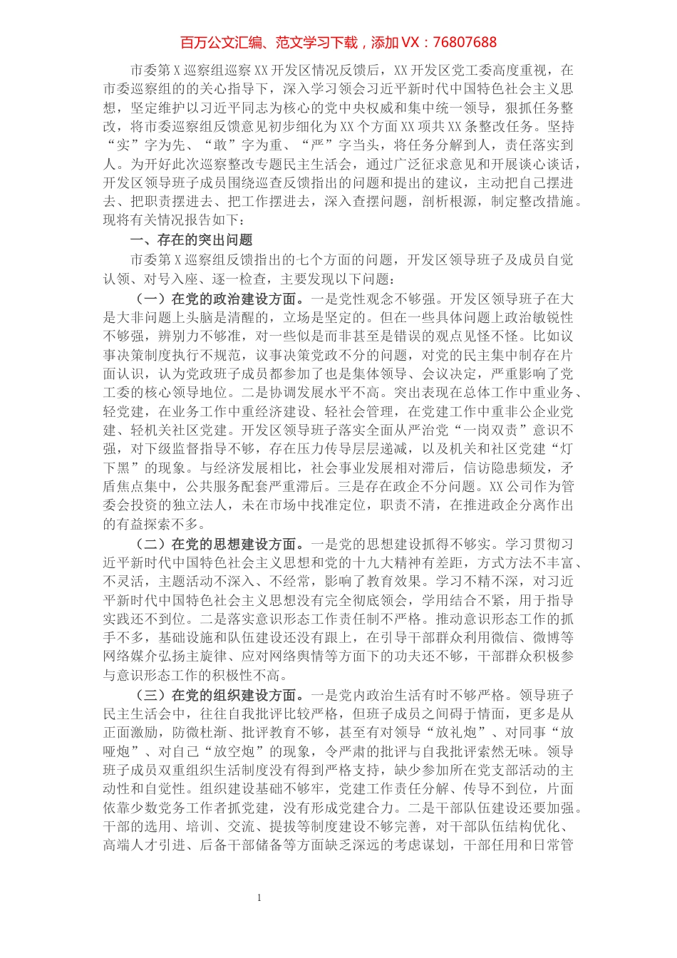 X开发区领导班子巡察整改专题民主生活会对照检查材料.docx_第1页