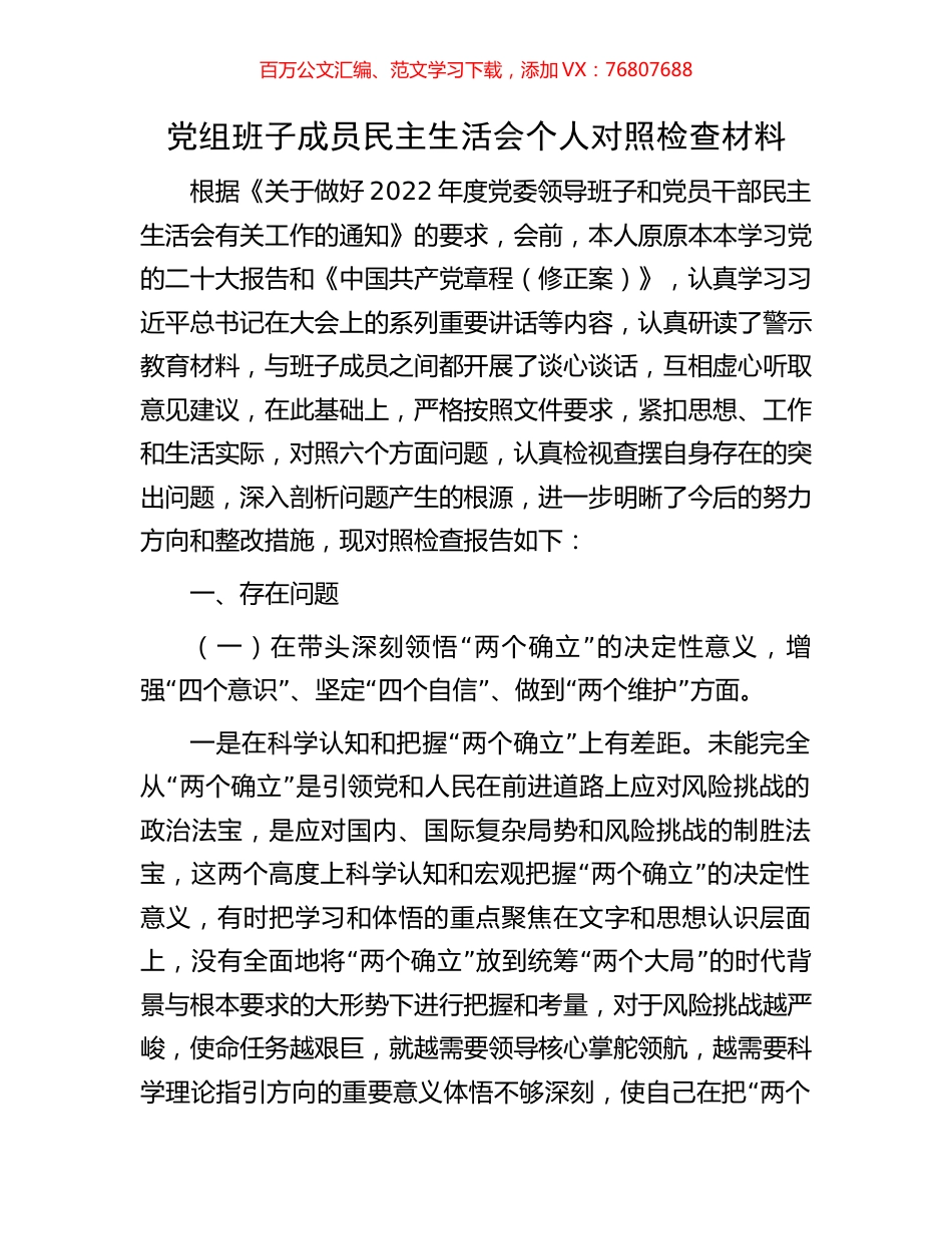 党组班子成员民主生活会个人对照检查材料.docx_第1页