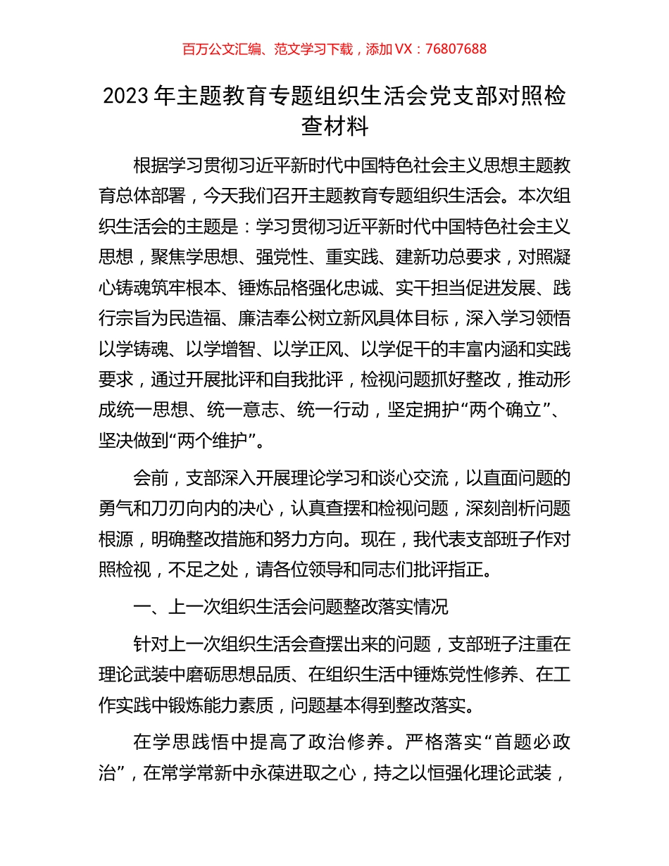 2023年主题教育专题组织生活会党支部对照检查材料.docx_第1页