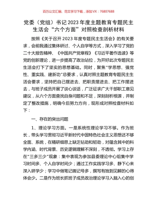 党委（党组）书记2023年度主题教育专题民主生活会“六个方面”对照检查剖析材料.docx