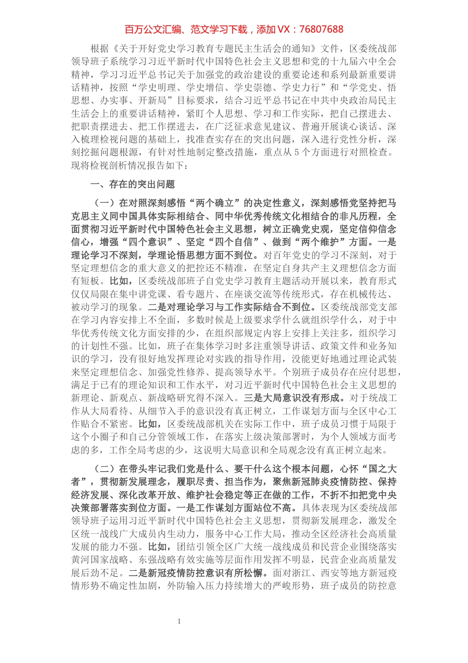 统战部领导班子班子党史学习教育专题民主生活会检视剖析材料.docx_第1页
