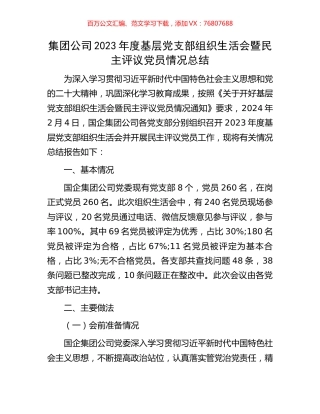 集团公司2023年度基层党支部组织生活会暨民主评议党员情况总结.docx