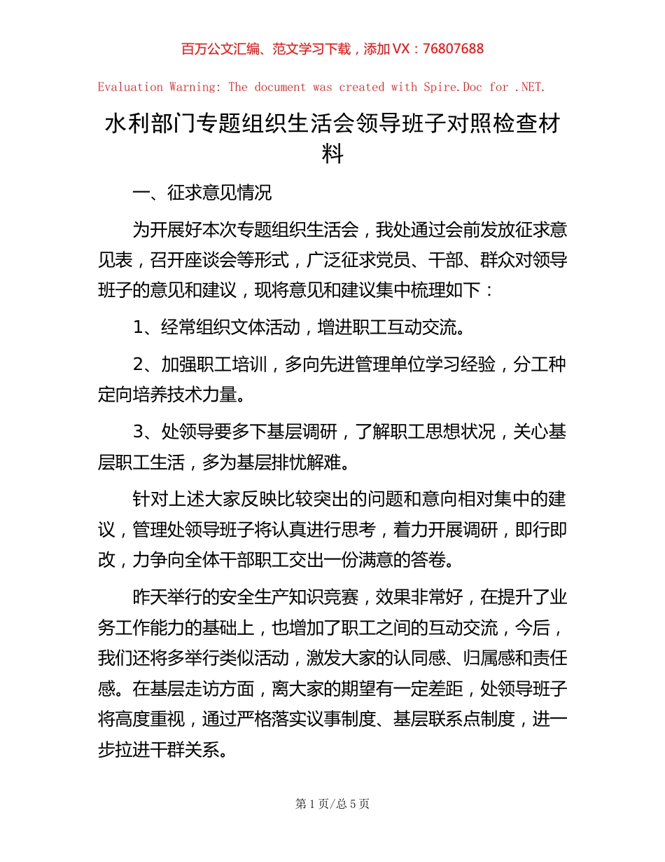 -水利部门专题组织生活会领导班子对照检查材料.docx_第1页