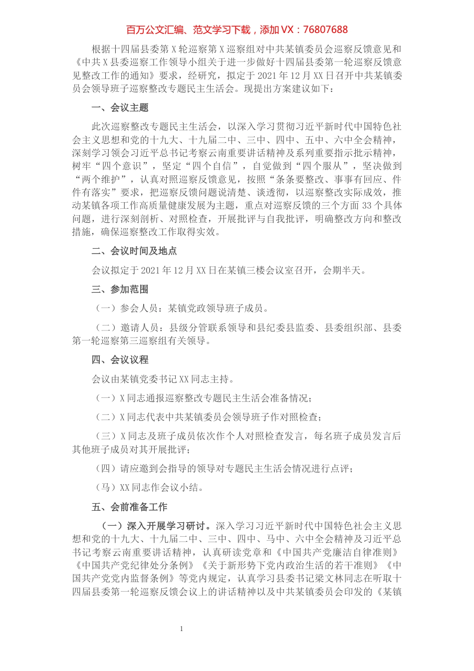 乡镇巡察整改专题民主生活会方案.docx_第1页