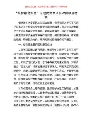 “维护粮食安全”专题民主生活会对照检查材料.docx