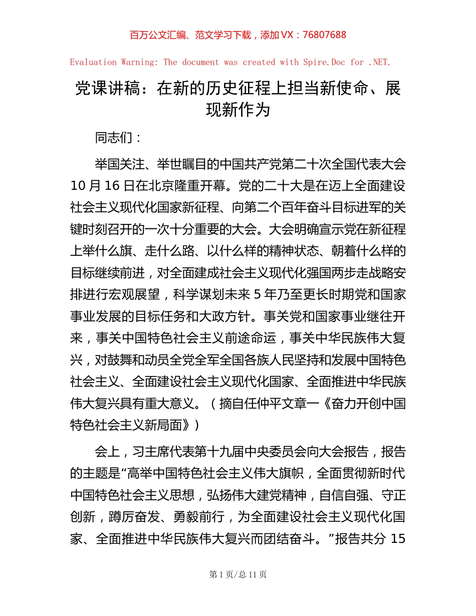 -党课讲稿：在新的历史征程上担当新使命、展现新作为.docx_第1页
