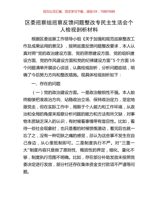 区委巡察组巡察反馈问题整改专民主生活会个人检视剖析材料.docx