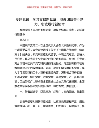 -专题党课：学习贯彻新党章，凝聚团结奋斗动力，忠诚履行新使命.docx