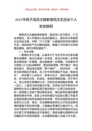 2023年班子成员主题教育民主生活会个人发言提纲.docx