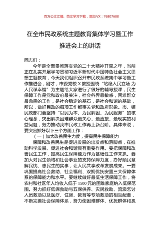 2023年某领导干部在全市民政系统主题教育集体学习暨工作推进会上的讲话.docx
