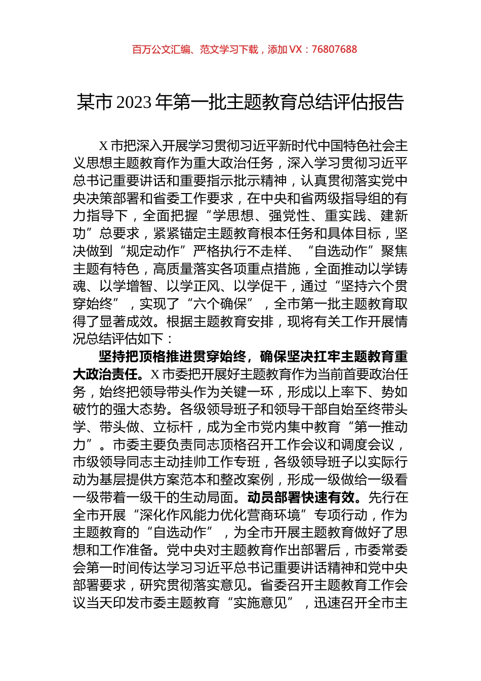 某市2023年第一批主题教育总结评估报告.docx_第1页
