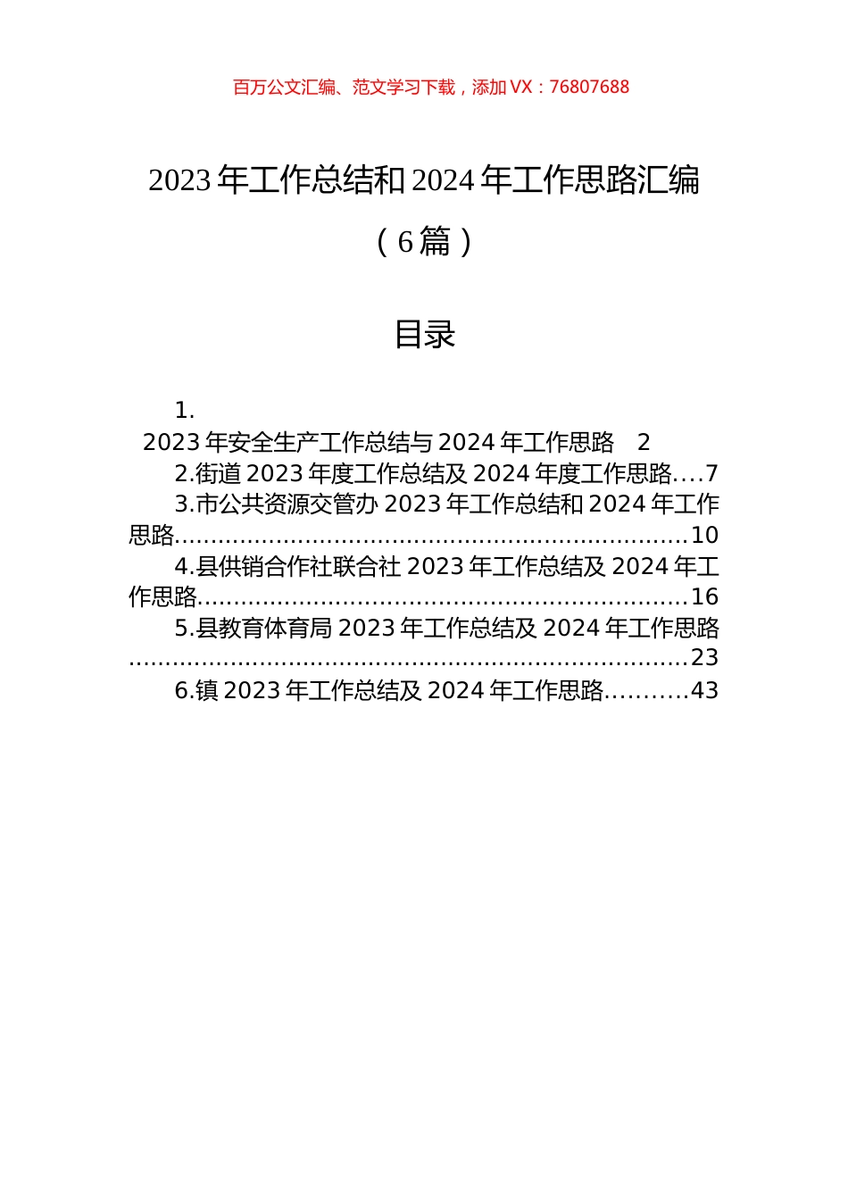 2023年工作总结和2024年工作思路汇编（6篇）.docx_第1页
