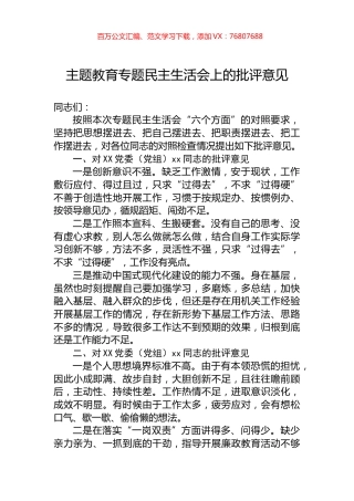 主题教育专题民主生活会上的批评意见.docx
