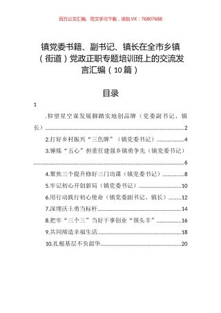 在全市乡镇（街道）党政正职专题培训班上的交流发言汇编（10篇） (2).docx