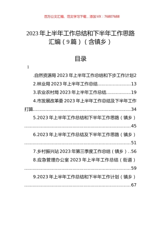 2023年上半年工作总结和下半年工作思路汇编（9篇）（含镇乡）.docx