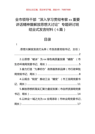 全市领导干部“深入学习贯彻考察xx重要讲话精神暨解放思想大讨论”专题研讨班结业式发言材料汇编.docx