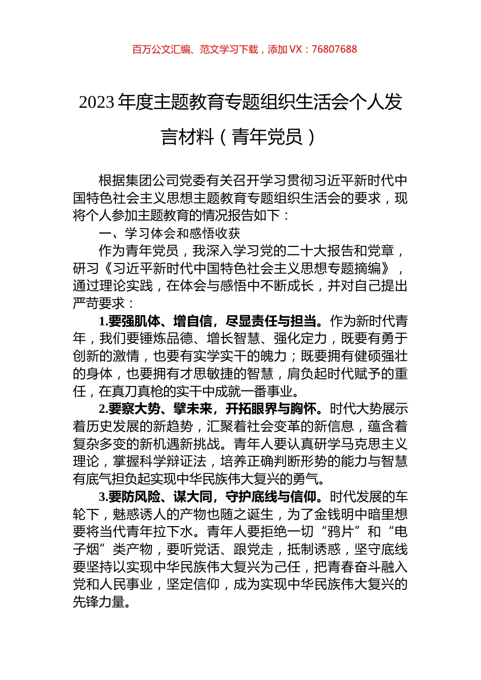 2023年度主题教育专题组织生活会个人发言材料（青年党员）.docx_第1页