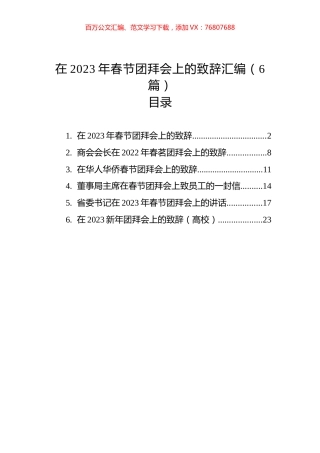 在2023年春节团拜会上的致辞汇编（6篇）.docx