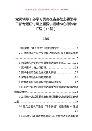党员领导干部学习贯彻在省部级主要领导干部专题研讨班上重要讲话精神心得体会汇编（17篇）.docx