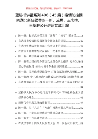（45篇）疫情防控期间湖北新任领导陈一新、应勇、王忠林、王贺胜公开讲话文章汇编.docx
