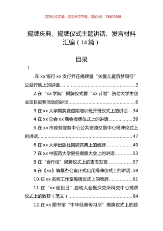 揭牌庆典、揭牌仪式主题讲话、发言材料汇编（14篇）.docx