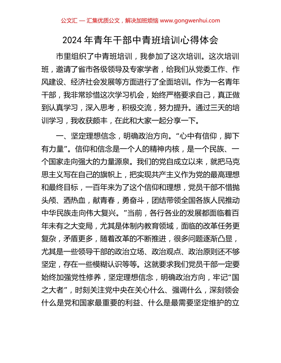 2024年青年干部中青班培训心得体会.docx_第1页