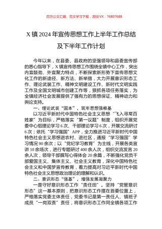 X镇2024年宣传思想工作上半年工作总结及下半年工作计划.docx