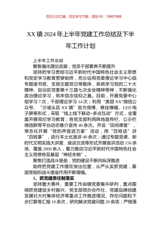 XX镇2024年上半年党建工作总结及下半年工作计划.docx