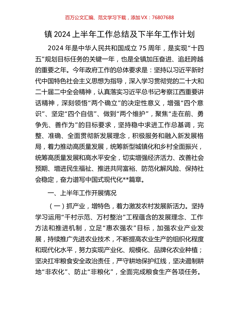镇2024上半年工作总结及下半年工作计划.docx_第1页
