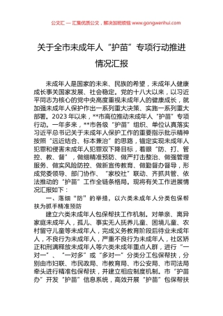 关于全市未成年人“护苗”专项行动推进情况汇报.docx