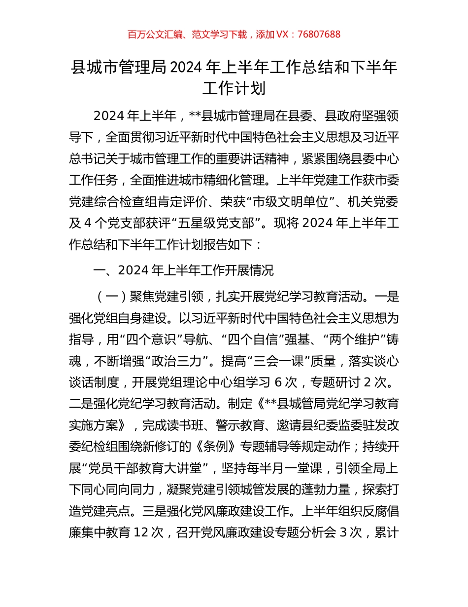 县城市管理局2024年上半年工作总结和下半年工作计划.docx_第1页