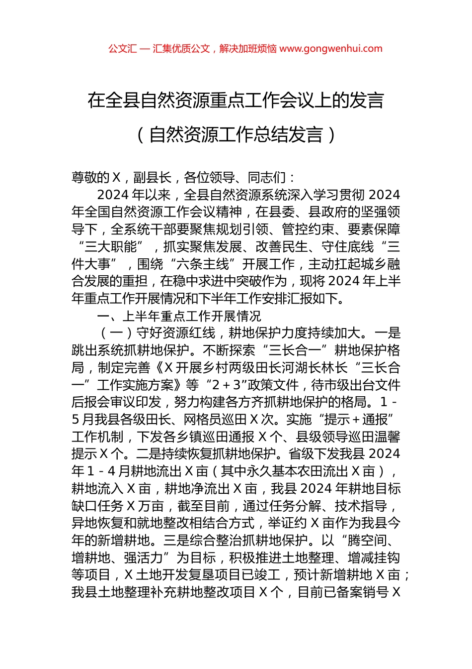 在全县自然资源重点工作会议上的发言（自然资源工作总结发言）.docx_第1页