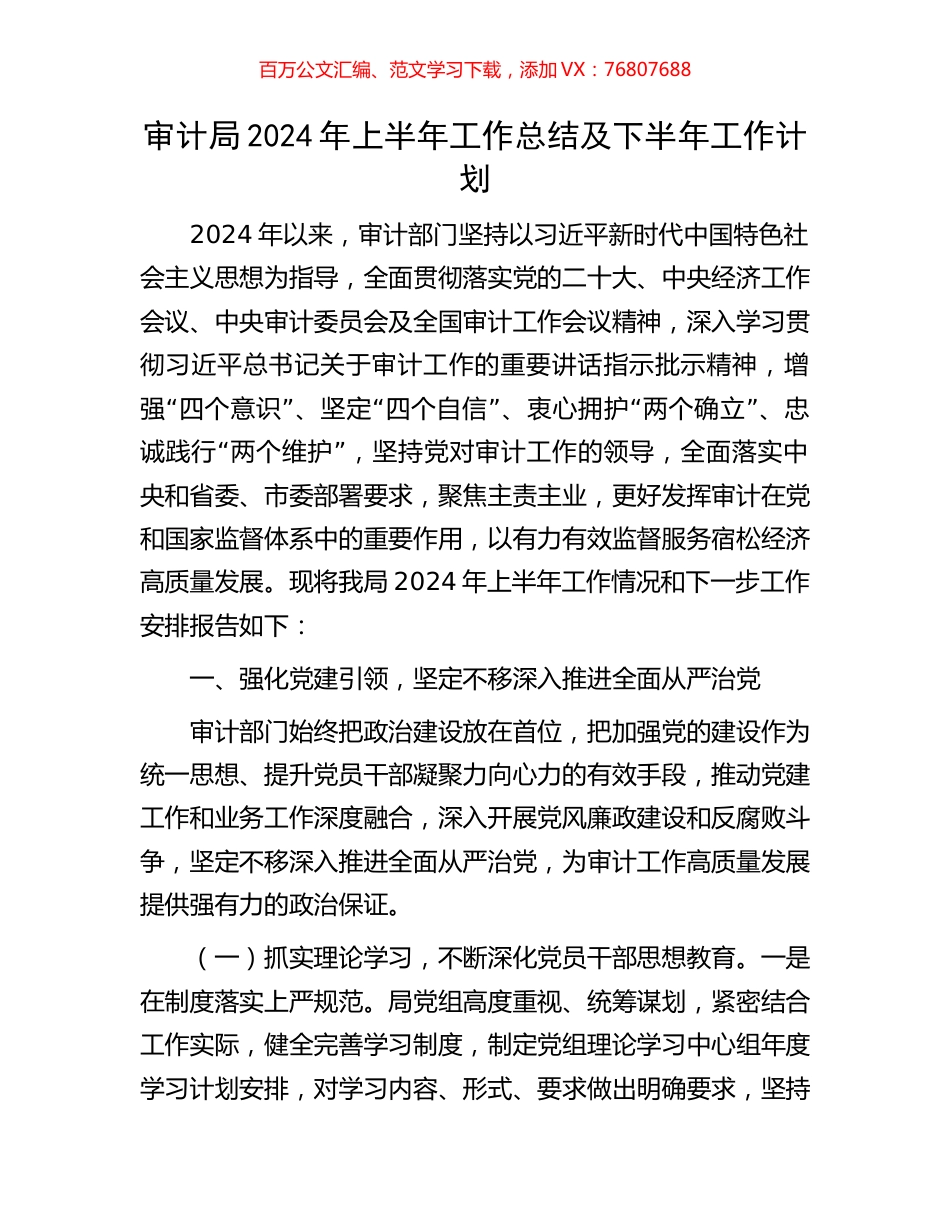 审计局2024年上半年工作总结及下半年工作计划.docx_第1页