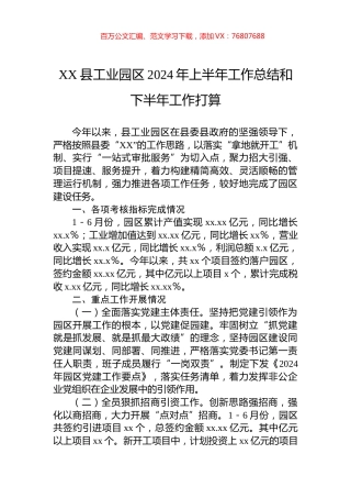 XX县工业园区2024年上半年工作总结和下半年工作打算.docx