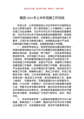 集团2024年上半年党建工作总结.docx