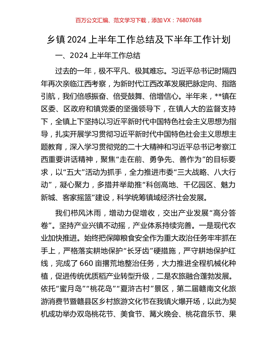 乡镇2024上半年工作总结及下半年工作计划.docx_第1页