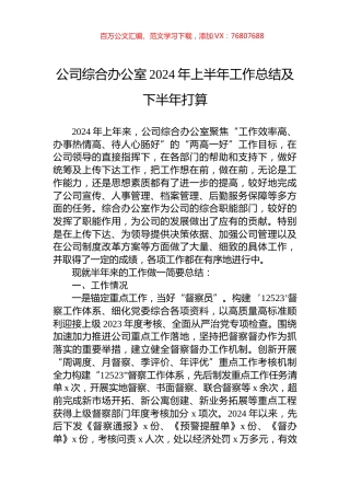 公司综合办公室2024年上半年工作总结及下半年打算.docx