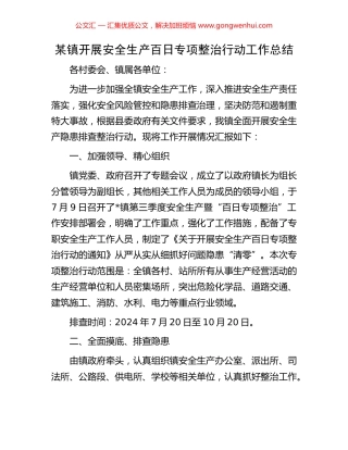 某镇开展安全生产百日专项整治行动工作总结.docx