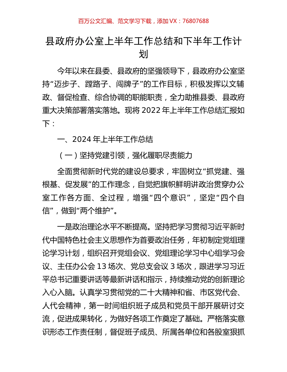 县政府办公室上半年工作总结和下半年工作计划.docx_第1页