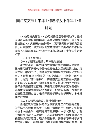 国企党支部上半年工作总结及下半年工作计划.docx