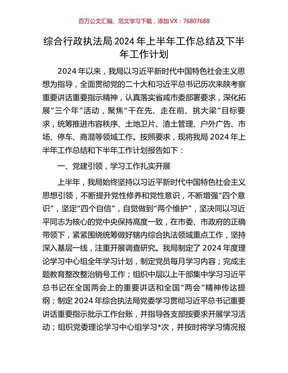 综合行政执法局2024年上半年工作总结及下半年工作计划.docx_第1页