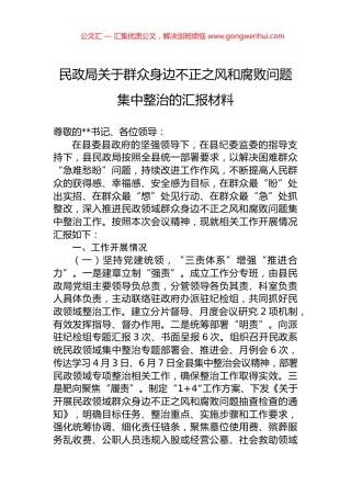 民政局关于群众身边不正之风和腐败问题集中整治的汇报材料.docx