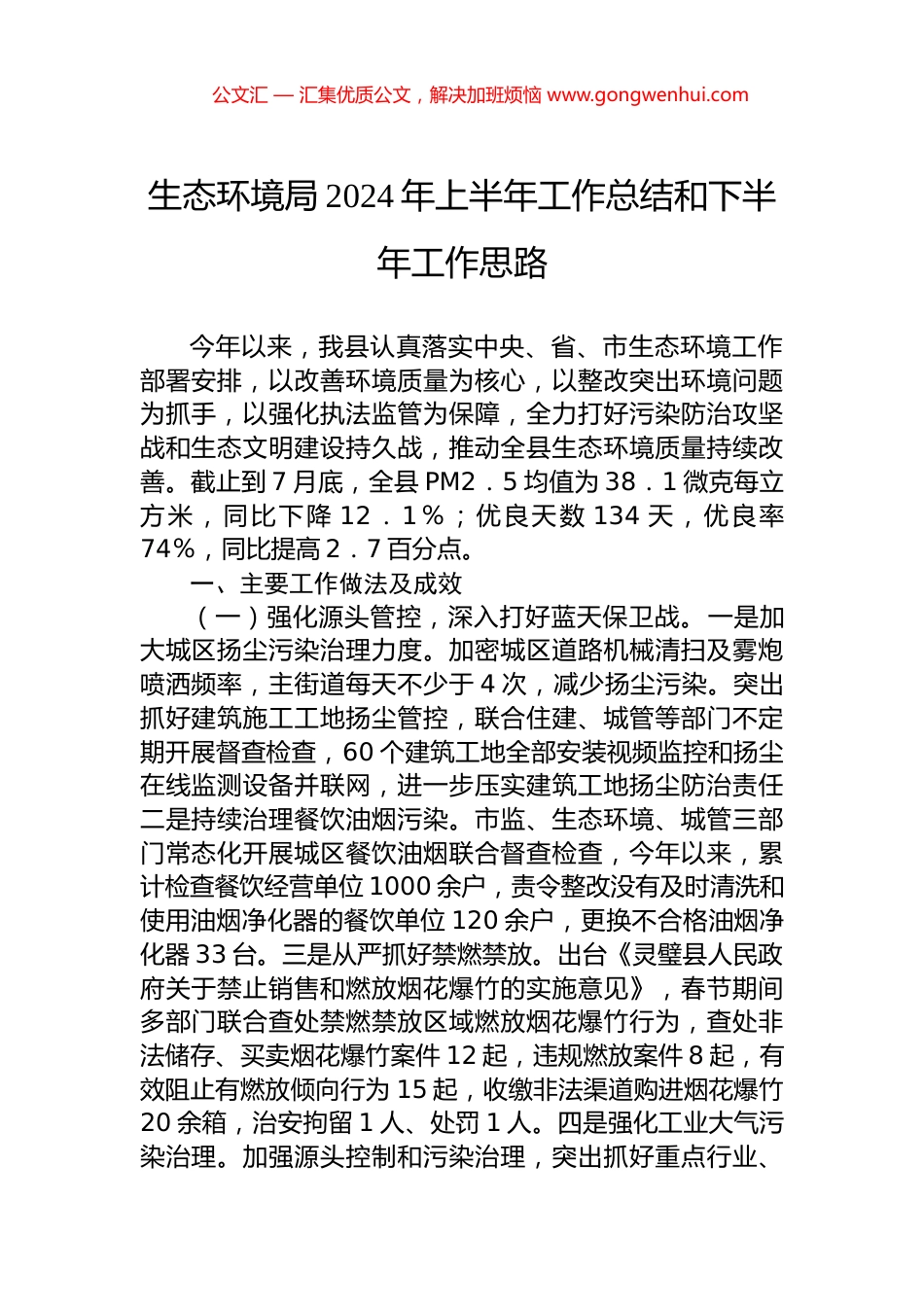 生态环境局2024年上半年工作总结和下半年工作思路.docx_第1页