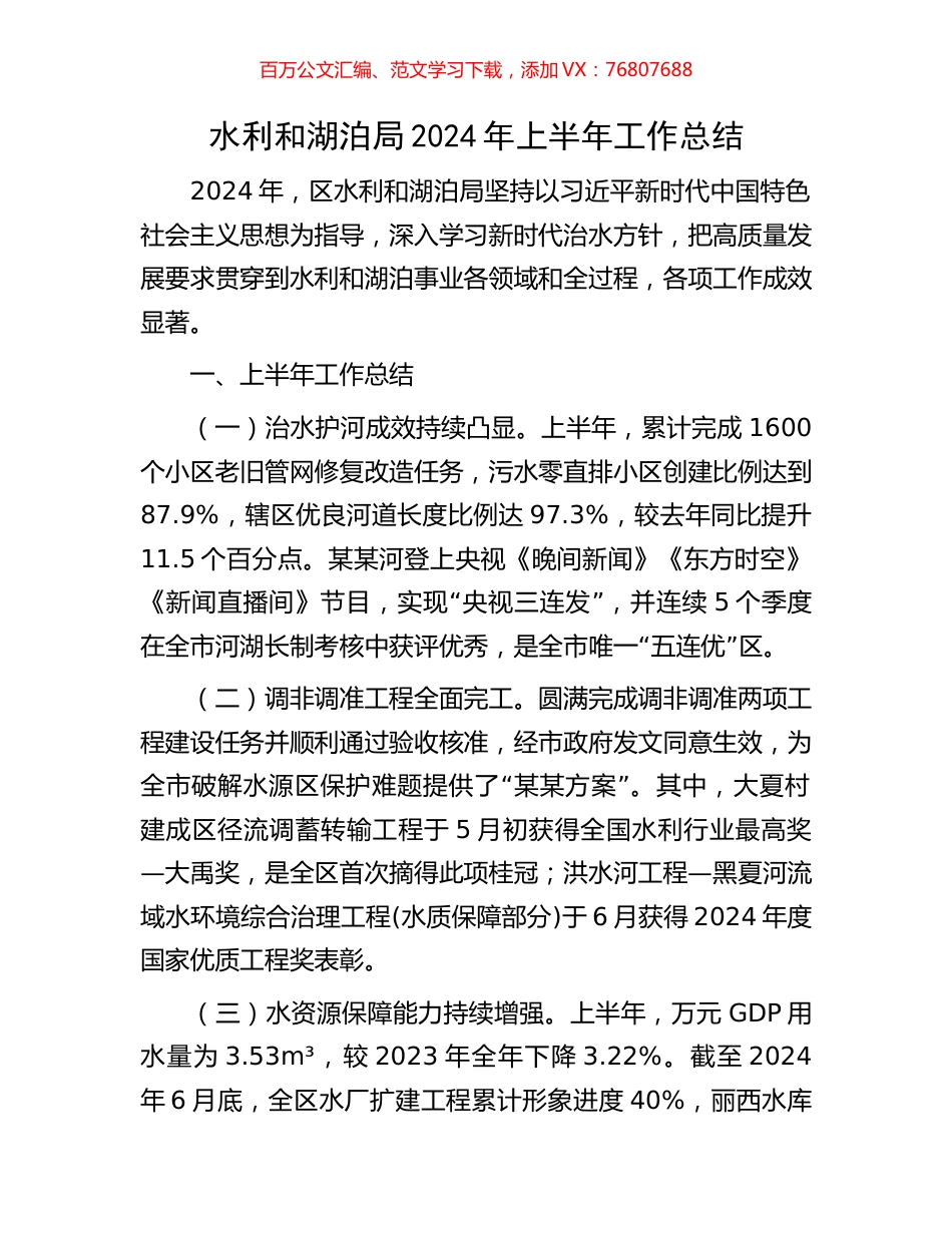 水利和湖泊局2024年上半年工作总结.docx_第1页