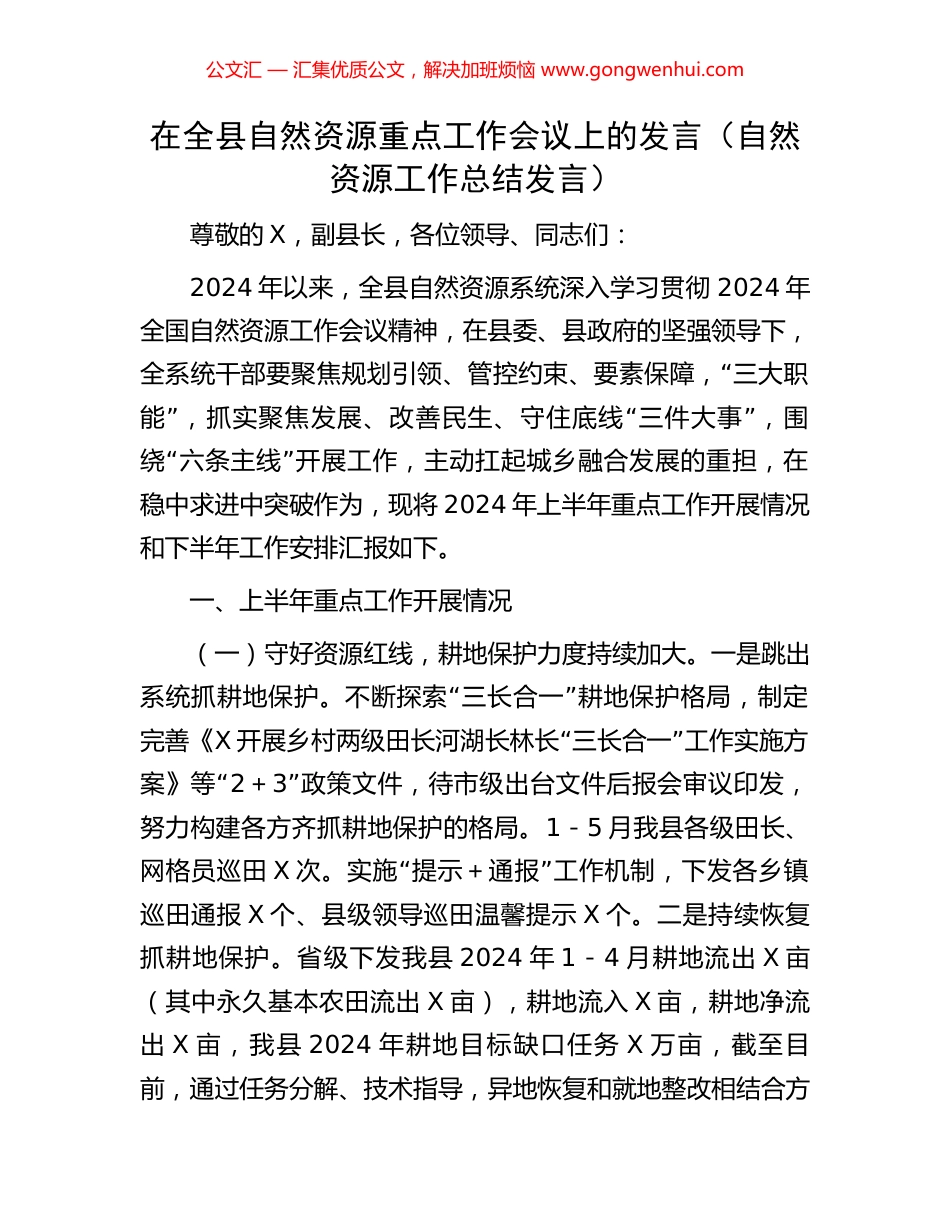 在全县自然资源重点工作会议上的发言（自然资源工作总结发言） (2).docx_第1页