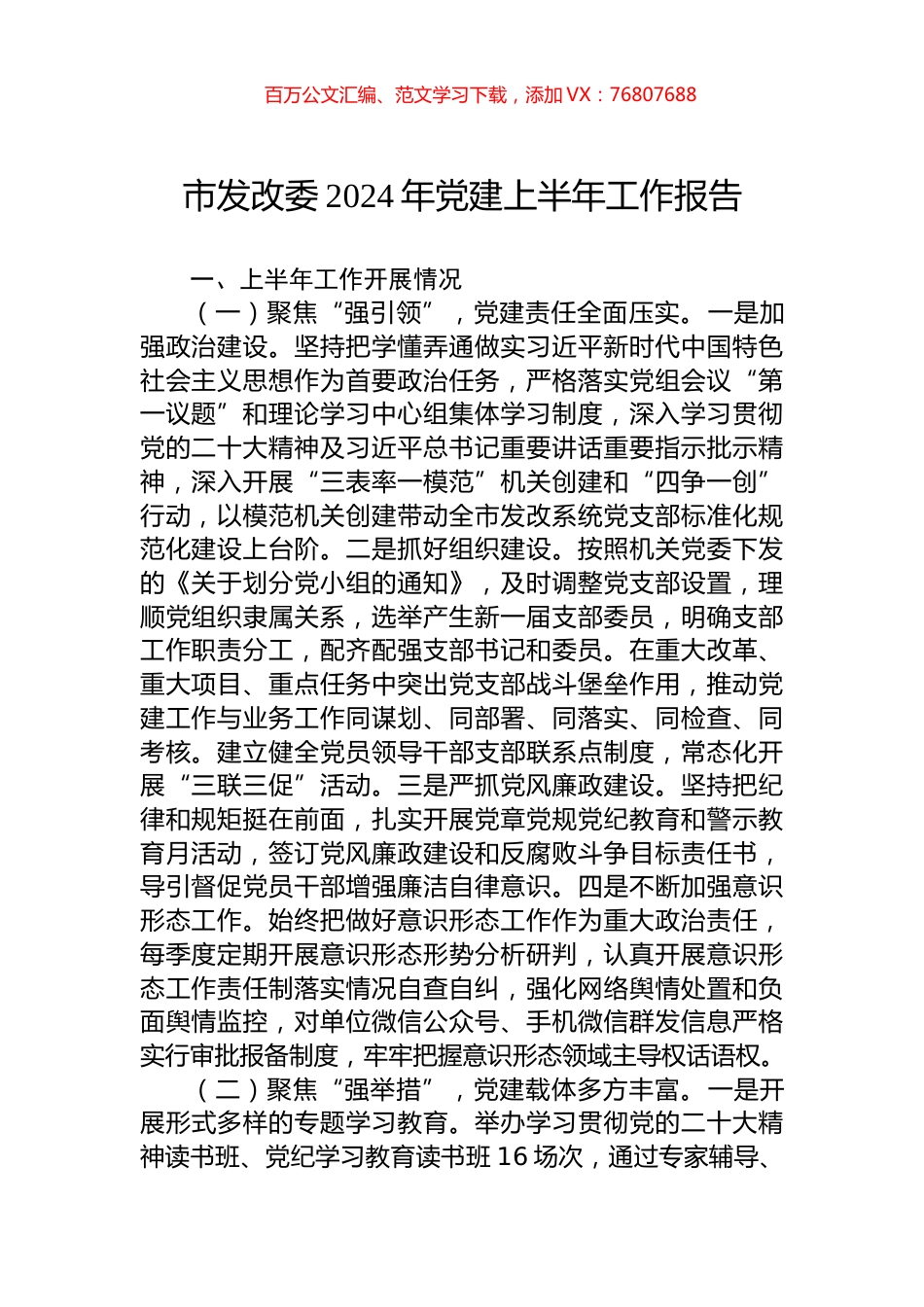 市发改委2024年党建上半年工作报告 (1).docx_第1页