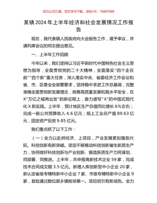 某镇2024年上半年经济和社会发展情况工作报告.docx
