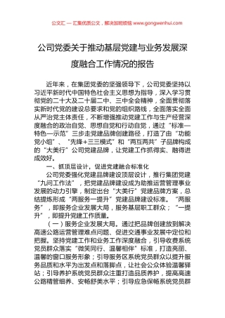公司党委关于推动基层党建与业务发展深度融合工作情况的报告.docx
