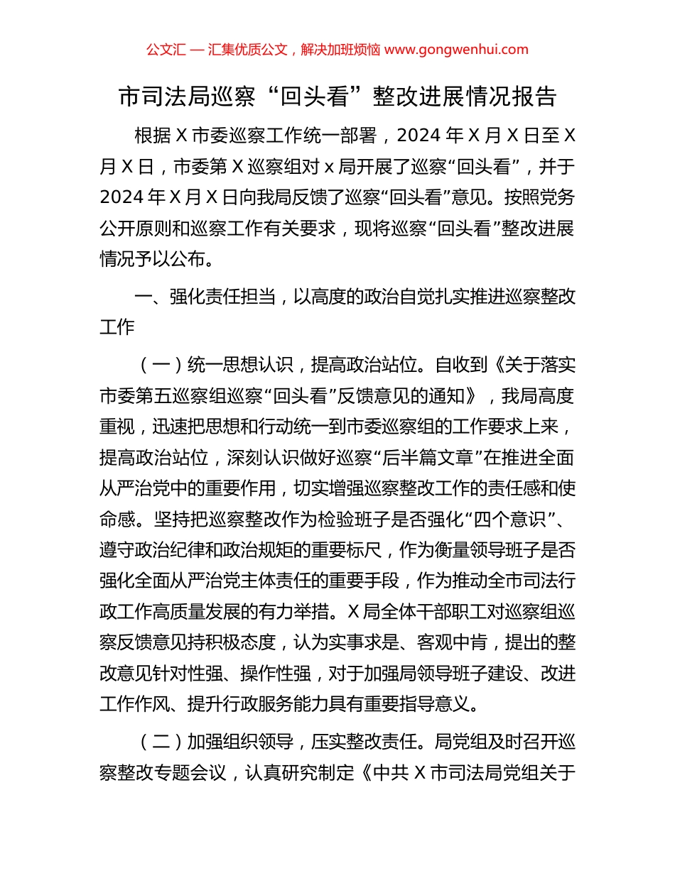 市司法局巡察“回头看”整改进展情况报告.docx_第1页